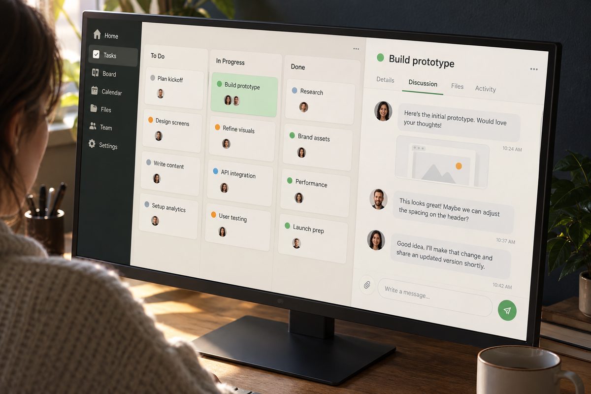 Illustrative team task board with a related conversation open beside a selected task.
